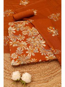 Soch - Rust Cotton Blend Floral Unstitched Top & Bottom with Dupatta