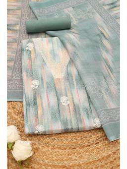 Soch - Blue Linen Embroidered Unstitched Top & Bottom with Dupatta