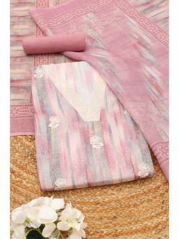 Soch - Pink Linen Embroidered Unstitched Top & Bottom with Dupatta