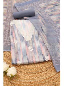 Soch - Grey Linen Embroidered Unstitched Top & Bottom with Dupatta