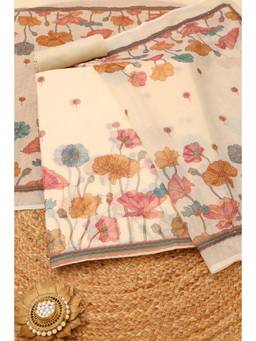 Soch - Cream Cotton Blend Floral Unstitched Top & Bottom with Dupatta