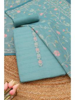Soch - Blue Cotton Blend Floral Unstitched Top & Bottom with Dupatta