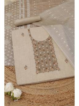 Soch - Beige Chanderi Embroidered Unstitched Top & Bottom with Dupatta