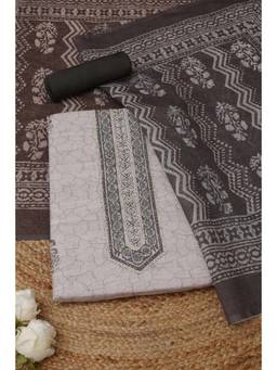 Soch - Grey Linen Embroidered Unstitched Top & Bottom with Dupatta