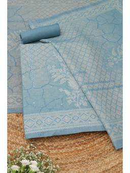 Soch - Blue Cotton Blend Embroidered Unstitched Top & Bottom with Dupatta