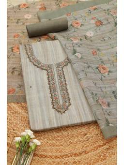 Soch - Olive Cotton Blend Embroidered Unstitched Top & Bottom with Dupatta