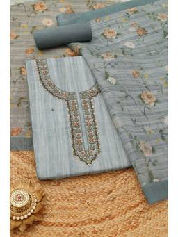 Soch - Blue Cotton Blend Embroidered Unstitched Top & Bottom with Dupatta