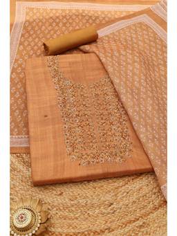 Soch - Mustard Cotton Blend Embroidered Unstitched Top & Bottom with Dupatta