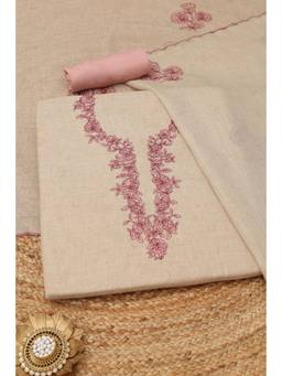 Soch - Cream Linen Floral Unstitched Top & Bottom with Dupatta