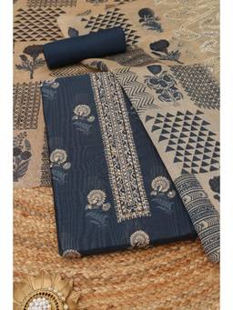 Soch - Indigo Chanderi Floral Unstitched Top & Bottom with Dupatta