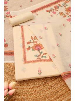 Soch - Cream Cotton Blend Floral Unstitched Top & Bottom with Dupatta