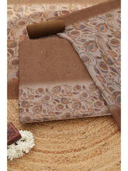 Soch - Brown Cotton Blend Floral Unstitched Top & Bottom with Dupatta