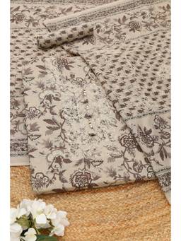 Soch - Beige Cotton Floral Unstitched Top & Bottom with Dupatta