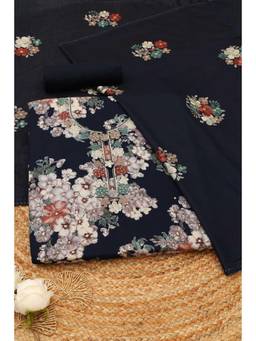 Soch - Navy Blue Rayon Floral Unstitched Top & Bottom with Dupatta