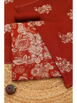 Soch - Rust Silk Blend Floral Unstitched Top & Bottom with Dupatta