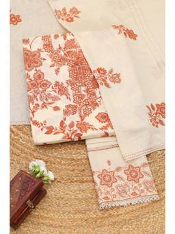 Soch - Cream Silk Blend Floral Unstitched Top & Bottom with Dupatta