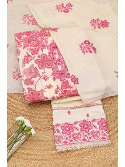 Soch - Cream Silk Blend Floral Unstitched Top & Bottom with Dupatta