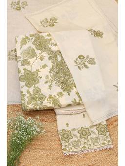 Soch - Cream Silk Blend Floral Unstitched Top & Bottom with Dupatta