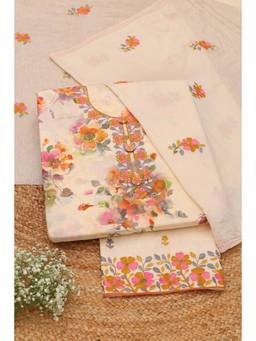 Soch - Cream Silk Blend Floral Unstitched Top & Bottom with Dupatta