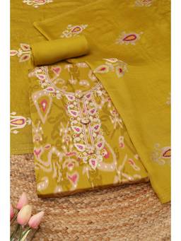 Soch - Mustard Cotton Blend Embroidered Unstitched Top & Bottom with Dupatta