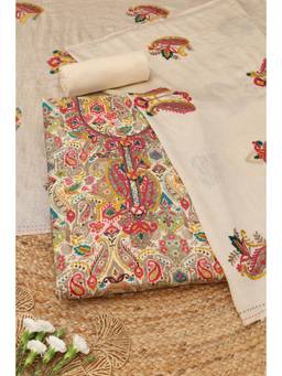 Soch - Beige Silk Blend Paisley Unstitched Top & Bottom with Dupatta