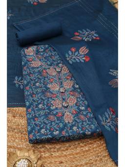 Soch - Blue Cotton Blend Embroidered Unstitched Top & Bottom with Dupatta