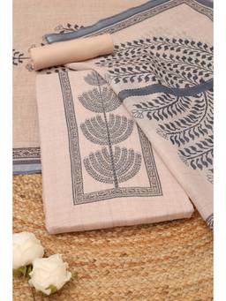 Soch - Beige Linen Printed Unstitched Top & Bottom with Dupatta
