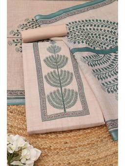 Soch - Beige Linen Printed Unstitched Top & Bottom with Dupatta