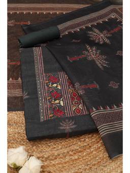 Soch - Charcoal Linen Printed Unstitched Top & Bottom with Dupatta