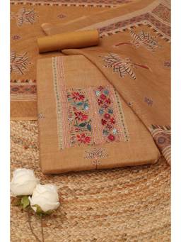 Soch - Mustard Linen Printed Unstitched Top & Bottom with Dupatta