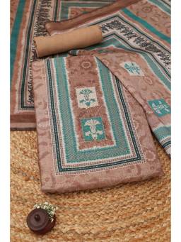 Soch - Beige Chanderi Embroidered Unstitched Top & Bottom with Dupatta