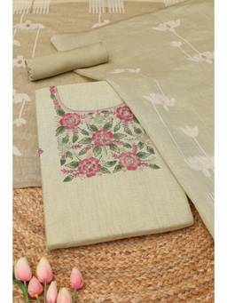 Soch - Green Chanderi Floral Unstitched Top & Bottom with Dupatta