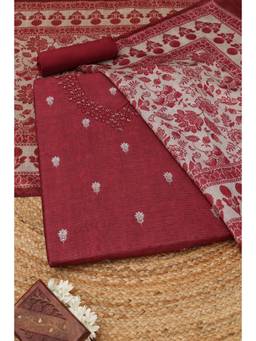 Soch - Maroon Art Silk Floral Unstitched Top & Bottom with Dupatta