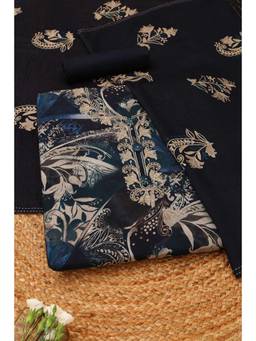 Soch - Navy Blue Silk Blend Printed Unstitched Top & Bottom with Dupatta
