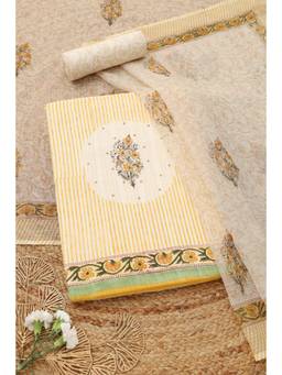 Soch - Yellow Cotton Stripes Unstitched Top & Bottom with Dupatta