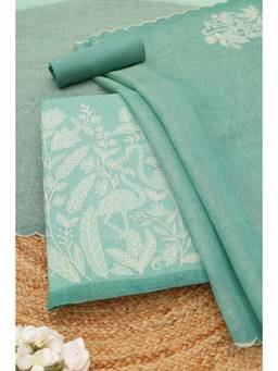Soch - Blue Cotton Blend Embroidered Unstitched Top & Bottom with Dupatta