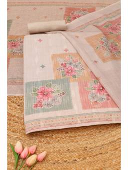 Soch - Beige Linen Floral Unstitched Top & Bottom with Dupatta