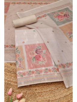 Soch - Beige Linen Floral Unstitched Top & Bottom with Dupatta