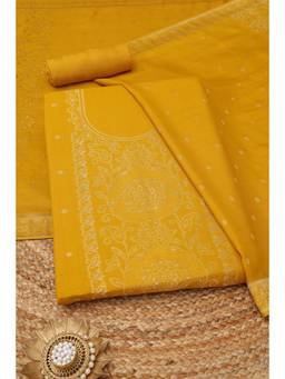 Soch - Mustard Silk Blend Floral Unstitched Top & Bottom with Dupatta