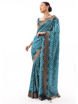 KALKI FASHION - Blue Crepe Stripes Saree with Unstitched Blouse