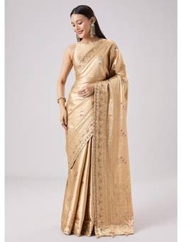 KALKI FASHION - Gold Tissue Embroidered Saree with Unstitched Blouse
