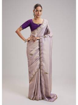 KALKI FASHION - Mauve Tissue Embroidered Saree with Unstitched Blouse