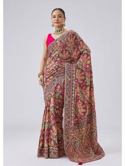 KALKI FASHION - Pink Crepe Printed Saree with Unstitched Blouse