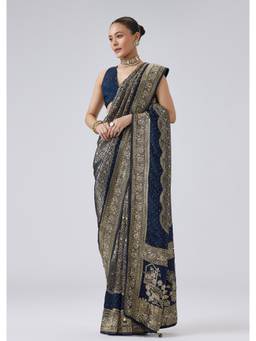 KALKI FASHION - Blue Jacquard Woven Saree with Unstitched Blouse