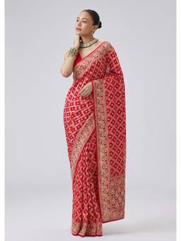 KALKI FASHION - Red Khadi Embroidered Saree with Unstitched Blouse