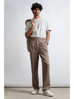 FREAKINS - Mocha Mousse Brown Buckle Detail Mens Korean Casual Trouser