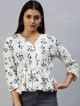 SHOWOFFFF - Women V-Neck Three Fourth Sleeves Printed White Top