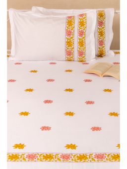ADYA - Terracotta & Sunset Gold Hibiscus Pure Cotton Bedsheet with Pillow Cover (King)