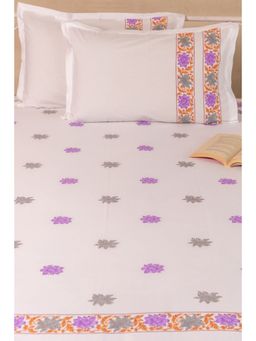 ADYA - Lilac & Grey Hibiscus Pure Cotton Bedsheet with Pillow Cover (King)