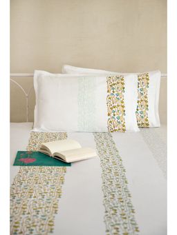 ADYA - Olive & Space Blue Lotus Pure Cotton Bedsheet with Pillow Cover (King)